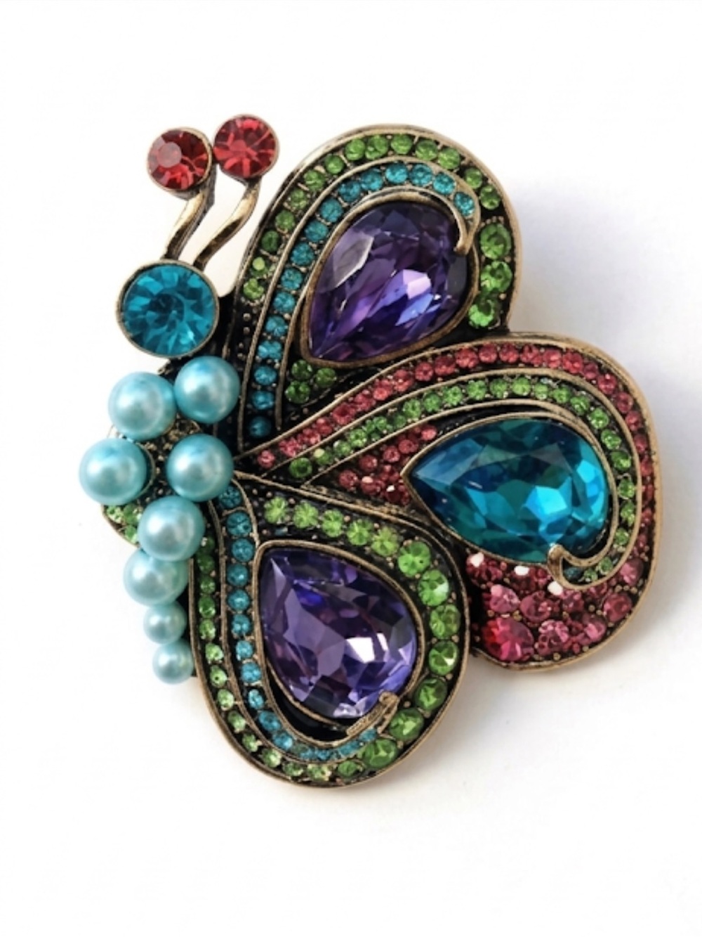 Colorful Crystal Butterfly Brooch Pin Vintage Rhinestone Faux Pearl Statement